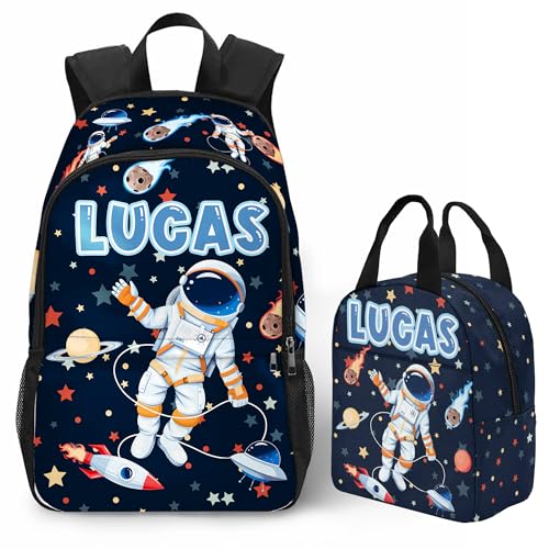 Custom Kids Backpack Back to School Supplies for Boys Personalized School Backpack Set with Lunch Box Astronaut Backpack School Bag Bookbag for Students Elementary Children Travel