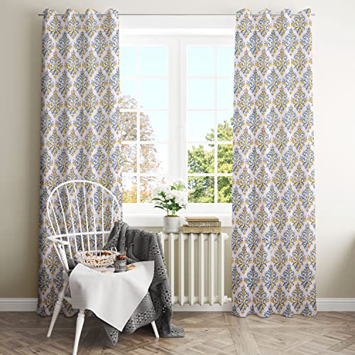 HOMEMONDE Juego de 2 cortinas de algodón para puerta de 7 pies, para sala de estar, dormitorio, casa de campo, oficina, ojales Ikat amarillos, lavables