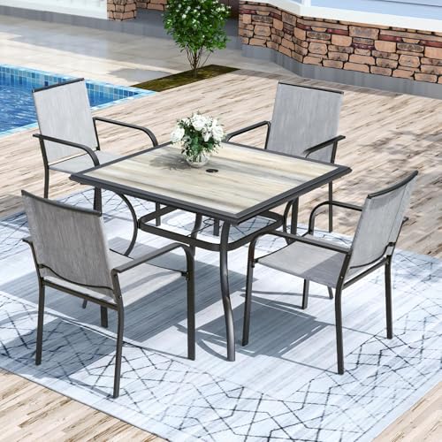 Image of Anmutig 5-Piece Outdoor Patio Dining Set 37 Inch Square Wooden-Like PVC Table with 4 Stackable Chairs for Garden Backyard Grey