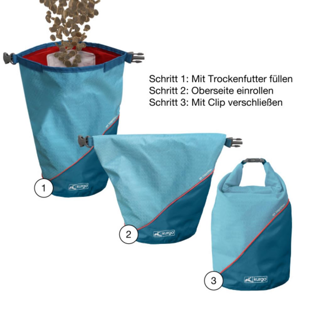 Kurgo Kibble Carrier - Futter- & Leckerlitasche - Kompakte Reiseaufbewahrung - Futterbeutel - Trockenfutterbeutel für Hunde - Camping Zubehör - 2,3 kg Kapazität - Küstenblau