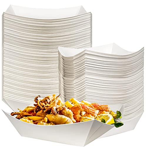 MotBach Paquete de 100 bandejas de papel kraft de 2 libras para alimentos, impermeables, resistentes, cestas desechables para servir patatas fritas, sándwiches, hamburguesas, perros calientes, taco