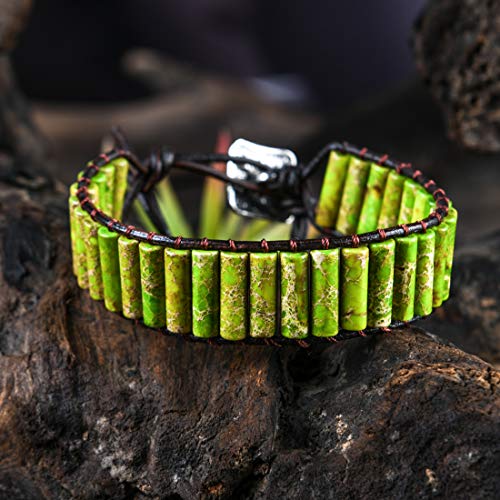 Ygline Leather Chakra Tube Beads Wrap Bracelet, Multi Color Natural Imperial Jasper For Luck And Harmony,Handmade And Adjustable Wrap Bracelet (Green 2) #TOP1