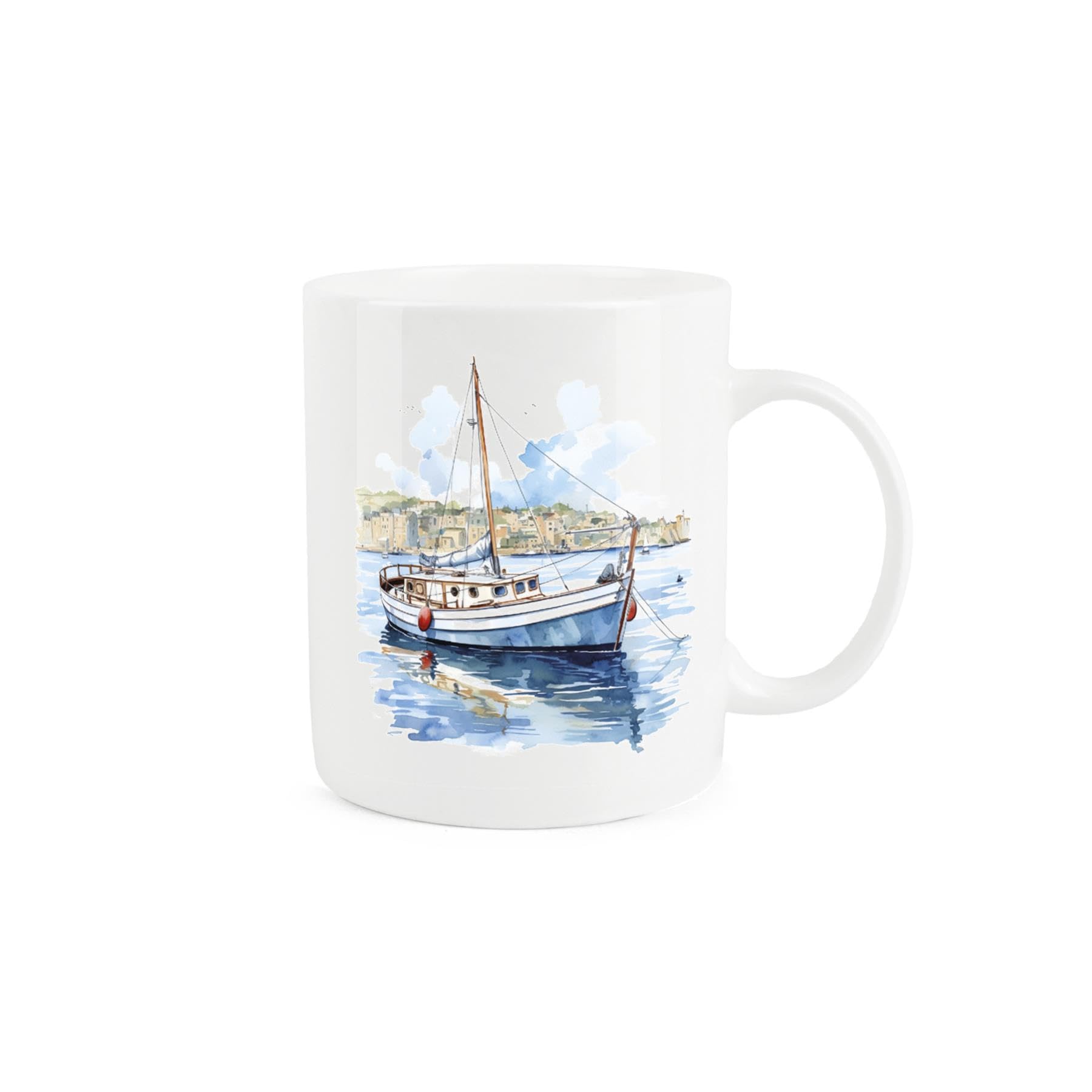 Purely Home Vintage Sailboat Sailing Mug - Painted Watercolour Sailboat Boating Coastal Town Gift Present - Tea Coffee White Bone China Mug