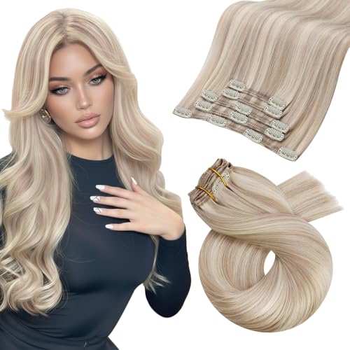 Image of Moresoo Ash Blonde Clip in Hair Extensions Highlights 80g for Fine Hair | Real hair extensions clip in ash with bleach blonde highlighted, 20 inch 80g 5pcs for lightweight length, wedding
