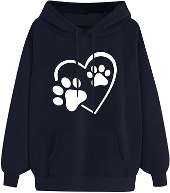 Heart Print Hoodies for Women Drawstring Long Sleeve Cute Oversized Sweatshirt Dog Paw Print Graphic Pullover Tops