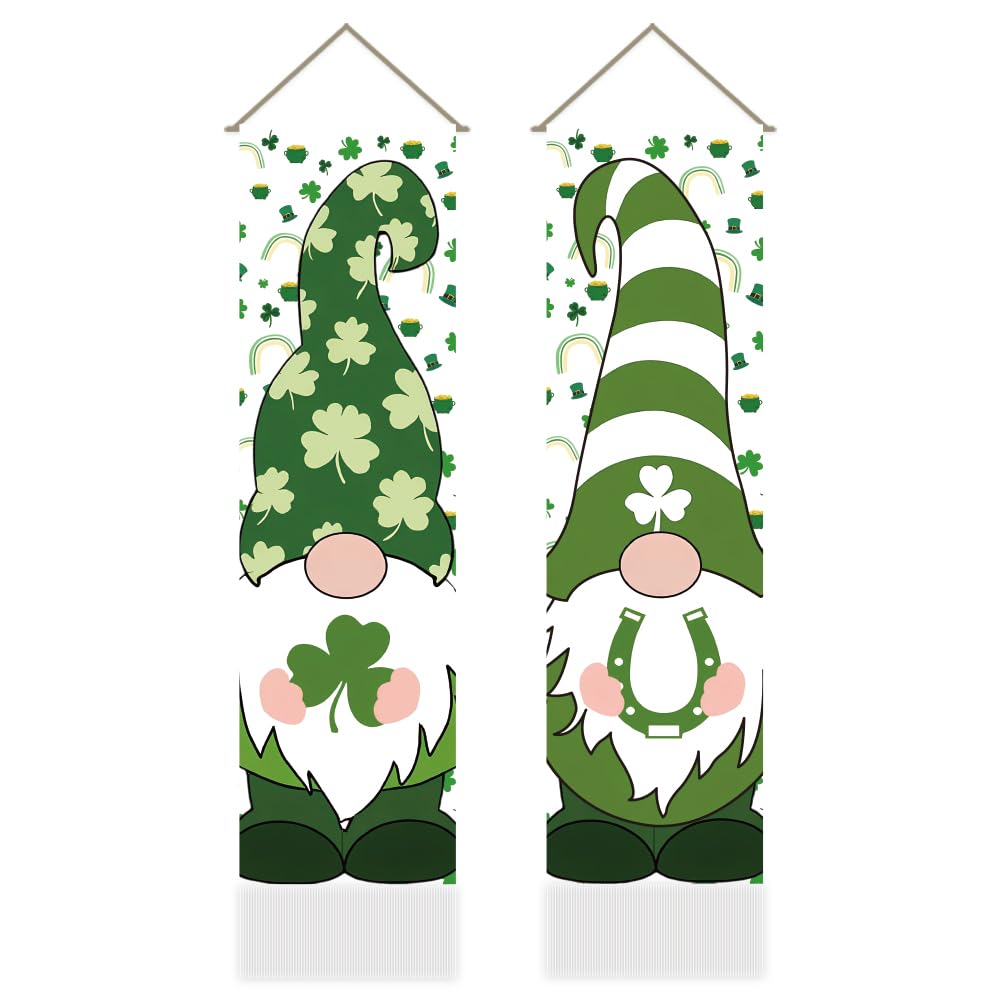 AHANDMAKER Pack of 2 St. Patrick's Day Gnomes Tapestries, Green Gnome Design Decor Wall Art Vertical Long Tapestry, Green Dwarf Doorway Curtain Tassel Wall Hanging for Bedroom Living Room
