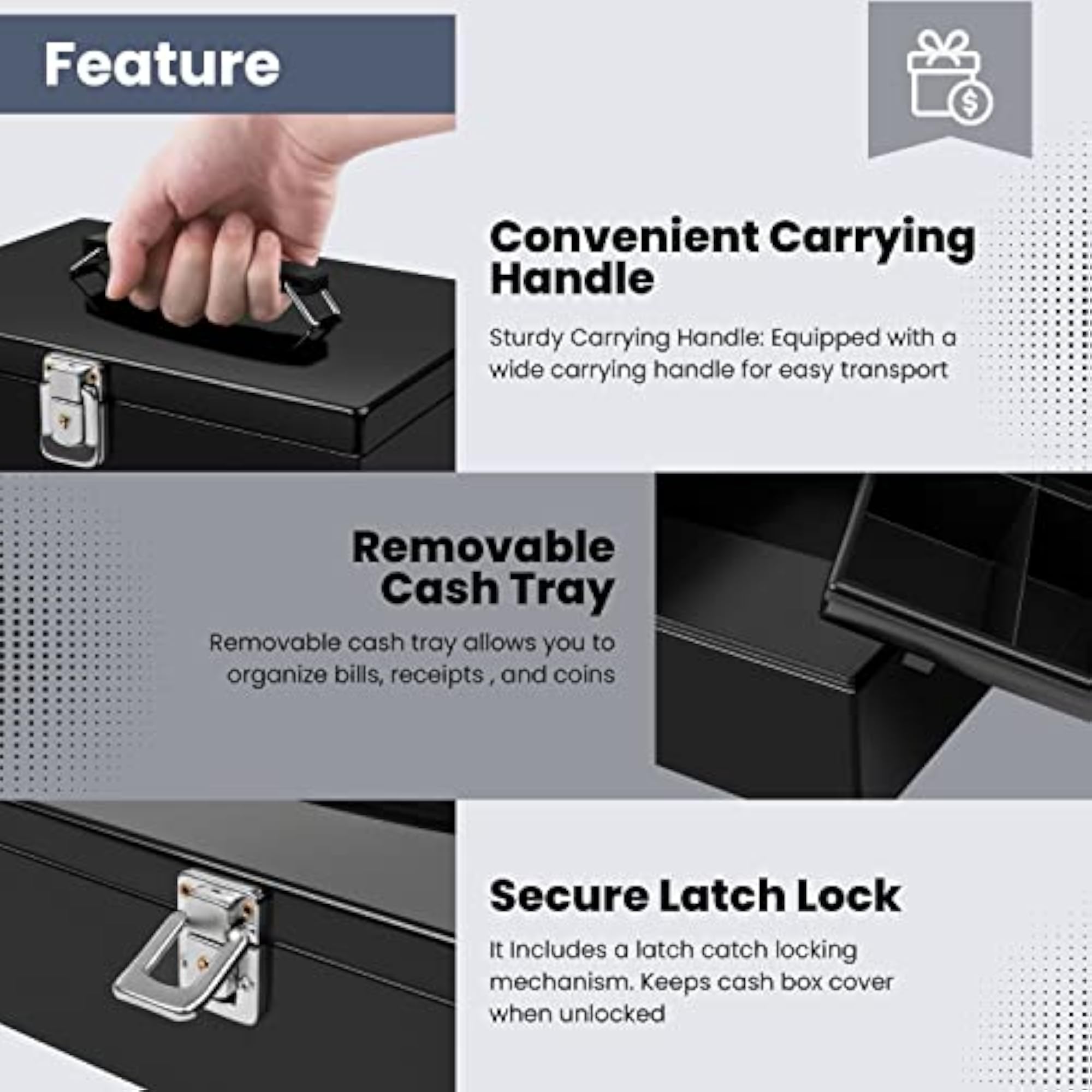 Cash Box with Money Tray, Portable Organizer