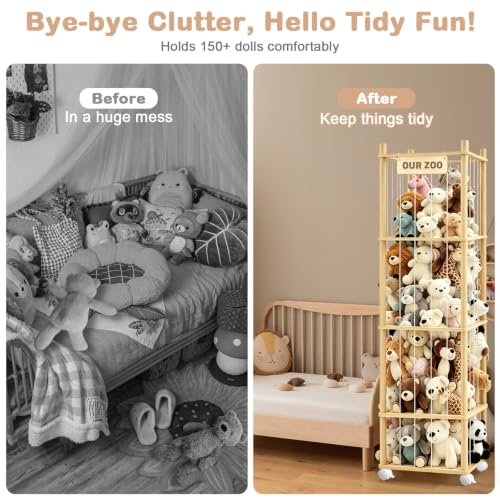 Image of Stuffed Animal Storage, Wood Stuffed Animal Zoo Storage with Brake Wheels, Large Capacity Stuffed Animal Holder, Perfect for Nursery Playroom Kidroom Bedroom