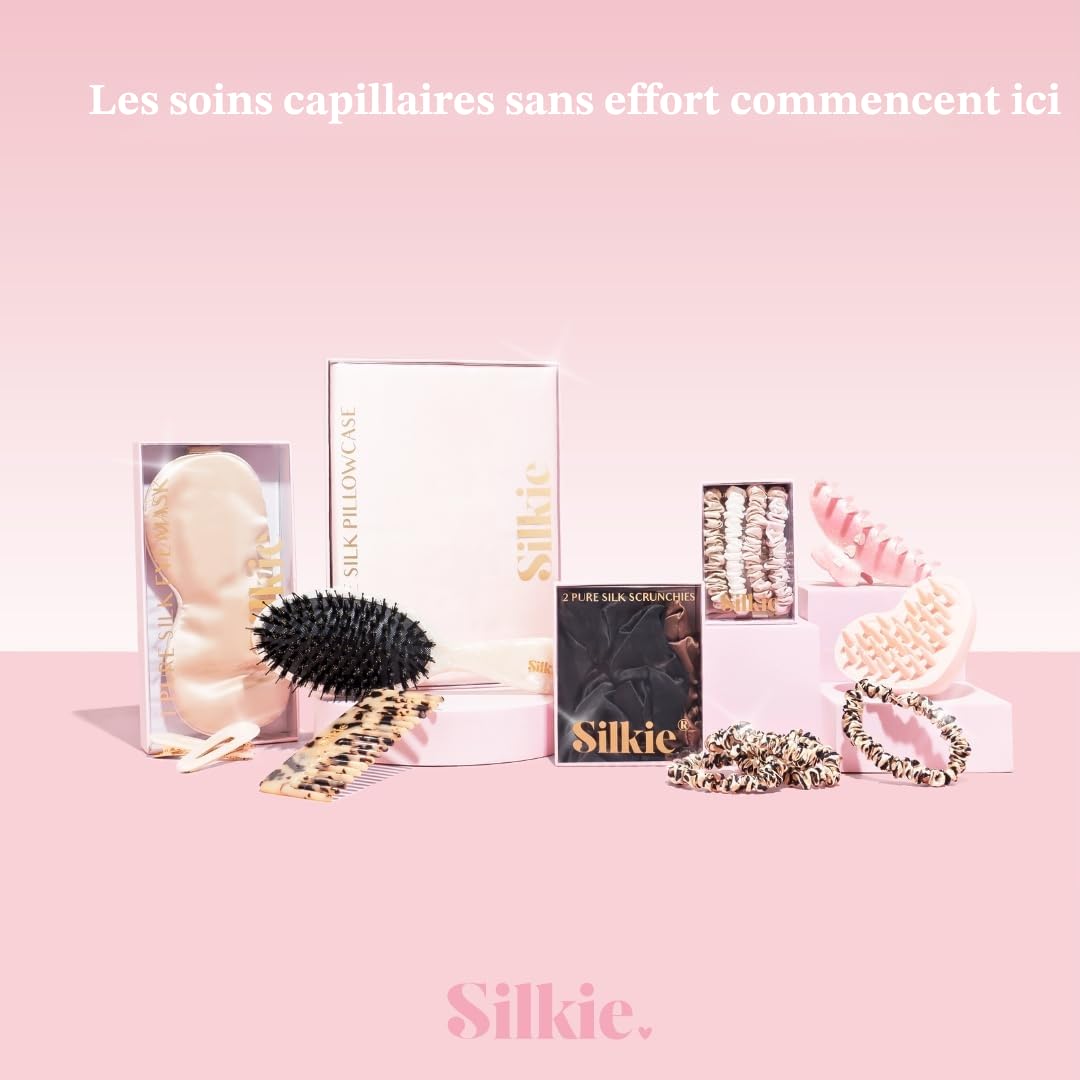 SILKIE Skinny Scrunchies Lot de 4 chouchous élastiques doux pour cheveux anti-casse en 100% pure soie de murier idéal pour tous cheveux bouclés raides épais fin avec pochette de voyage (Truffle)