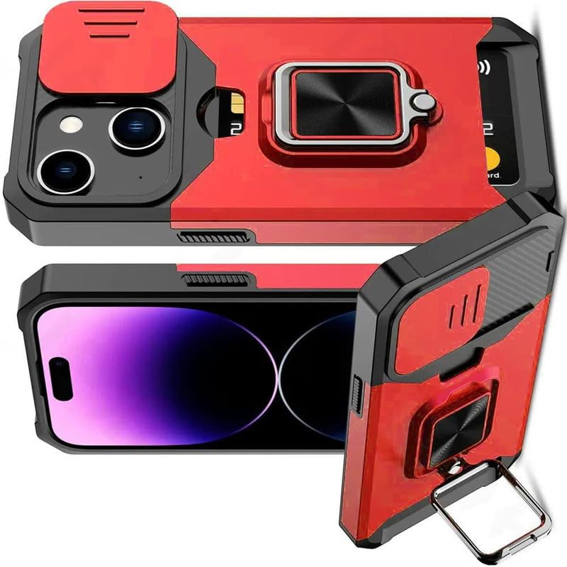 Image of LuxuryKase Shockproof Armor Case for iPhone 15 | Slide Camera Cover | Hidden Card Slot | Rotating Ring Kickstand | Magnetic Car Mount Support | Military Grade Protection - Red