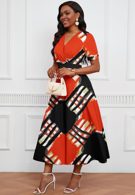 Image of MarryUP Women's Midi Dresses - V Neck Cocktail & Church Tea Dresses - Short Sleeve A-Line Swing Dress