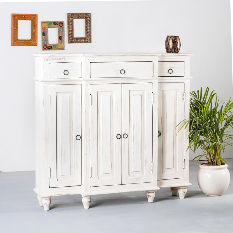 Image of Harvey Wooden Sideboard Cabinet for Living Room | Antique Wooden Cabinet for Storage Organizer with Doors | Cabinet for Home | Wooden Storage Furniture for Home | White Distress