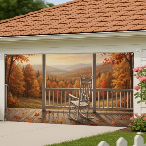 Decoración de otoño para puerta de garaje con paisaje rústico de árboles y mecedora 4