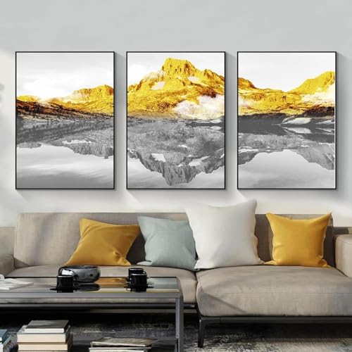 Affiche montagne dorée triptyque pour fond de canapé de salon moderne - 3