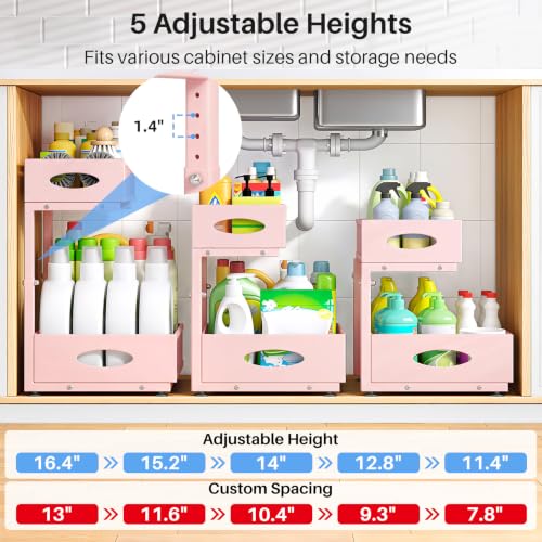 Image of Under Sink Organizer, 2 Tier Pull Out Under Cabinet Organizer Shelf with Pad for Framed Cabinets, Metal Slide Out Under Sink Storage, Mesh Sliding Drawers for Kitchen Bathroom Laundry(Pink, 1 Pack)