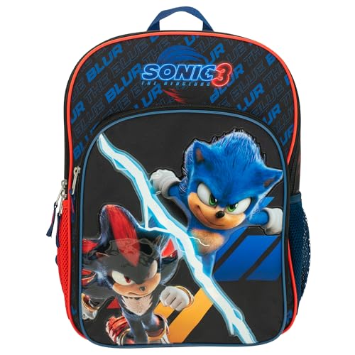 AI ACCESSORY INNOVATIONS Sonic The Hedgehog 3 Movie Backpack for Boys & Girls, Bookbag featuring Sonic & Shadow, Schoolbag with Adjustable Shoulder Straps & Padded Back,16 Inch