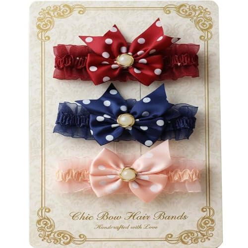 Image of Alvero Designer Floral Baby Girl Bow Headband, Soft Stretchable Satin Hairband, Elegant Lace & Satin Ribbon Hair Accessory for Newborns and Toddlers (Pack of 3 Pc) (Wine Red, Rose Gold, Navy Blue)