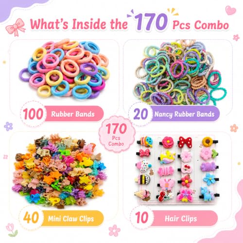 Image of 170 Pcs Hair Accessories for Kids Girls | Cute Baby Hair Clips, Rubber Bands, Nancy Bands & 40 Mini Claw Clips Combo | Hair Accessories for Baby Girl | Kids Hair Clips Set | Mixed Designs