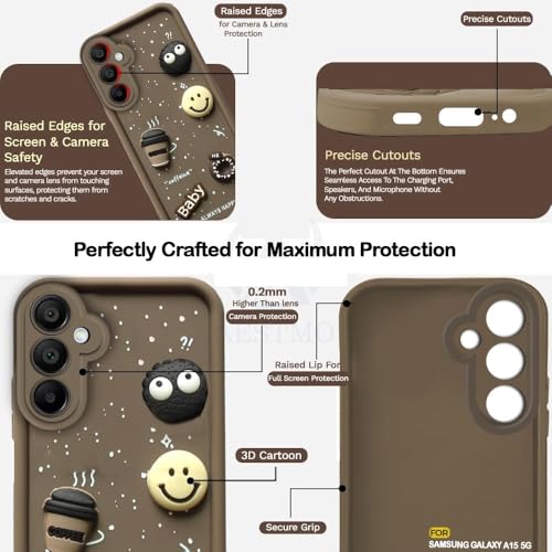 Image of Bintage Cute Fun Taddy Cartoon 3D Ball Milk Donut Coffee Cup Silicon Case Full Body & Camera Protection Back Cover Compatible for Samsung Galaxy A15 5G - Brown