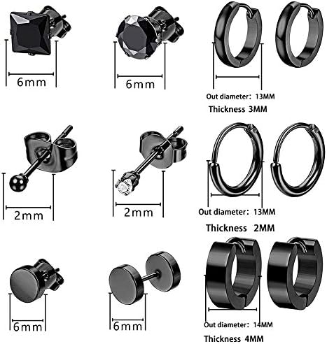12 Pairs Black Earrings Studs, Stainless Steel CZ Screw Studs Cartilage Earrings Hoops Barbell Ear Plugs Ear Piercing Triangle Screw Studs Earrings Endless Round Huggie Hoop Men's Earrings