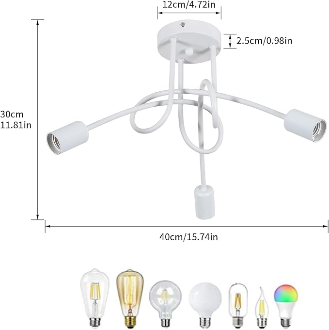 Riserva Riserva Industriële plafondlamp, 3 lampen, retro kroonluchter, lampenkap, E27, moderne hanglamp, van metaal, voor woonkamer, slaapkamer, keuken, balkon, max. 60 W, wit (zonder lampen) photo 3
