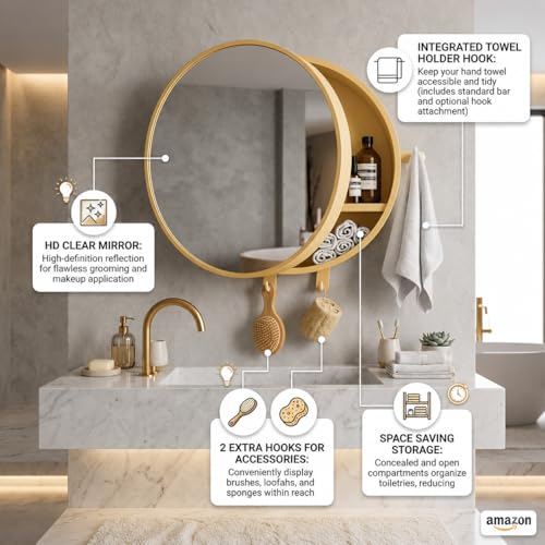 Image of CIPLA PLAST Rich Look Bathroom Cabinet with Mirror | Storage Organiser | Strong Plastic Bathroom Shelves Wall Mounted | Bathroom Accessories| Mirror Cabinet (2, METELLIC Gold, Round)