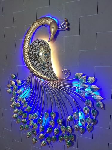 Image of Metal Handcrafted Peacock Wall Decor with LED Light, Home Decor, Wall Decor, Diwali Gift, Corporate Gift, Home Temple,Size : 32 * 26.5 * 3 inch
