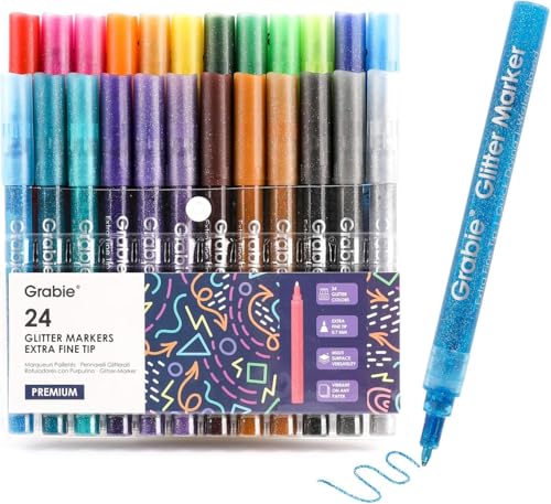 Grabie Glitter Markers 24 Pack Extra Fine Tip Acrylic Paint Markers Quick-Drying Water-Based Metallic Glitter Pens for Paper Card Making Canvas Fabric DIY Craft Supplies for Adult & Kids