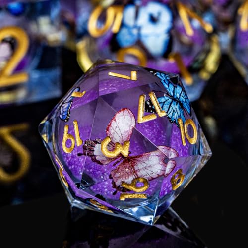 ORIFANTOU Butterfly DND Dice Purple Liquid Core Dice Set with Metal Box, Handmade Sharp Edge D and D Polyhedral Dice for use with D&D Role Playing Game, D20 D12 D10 D8 D6