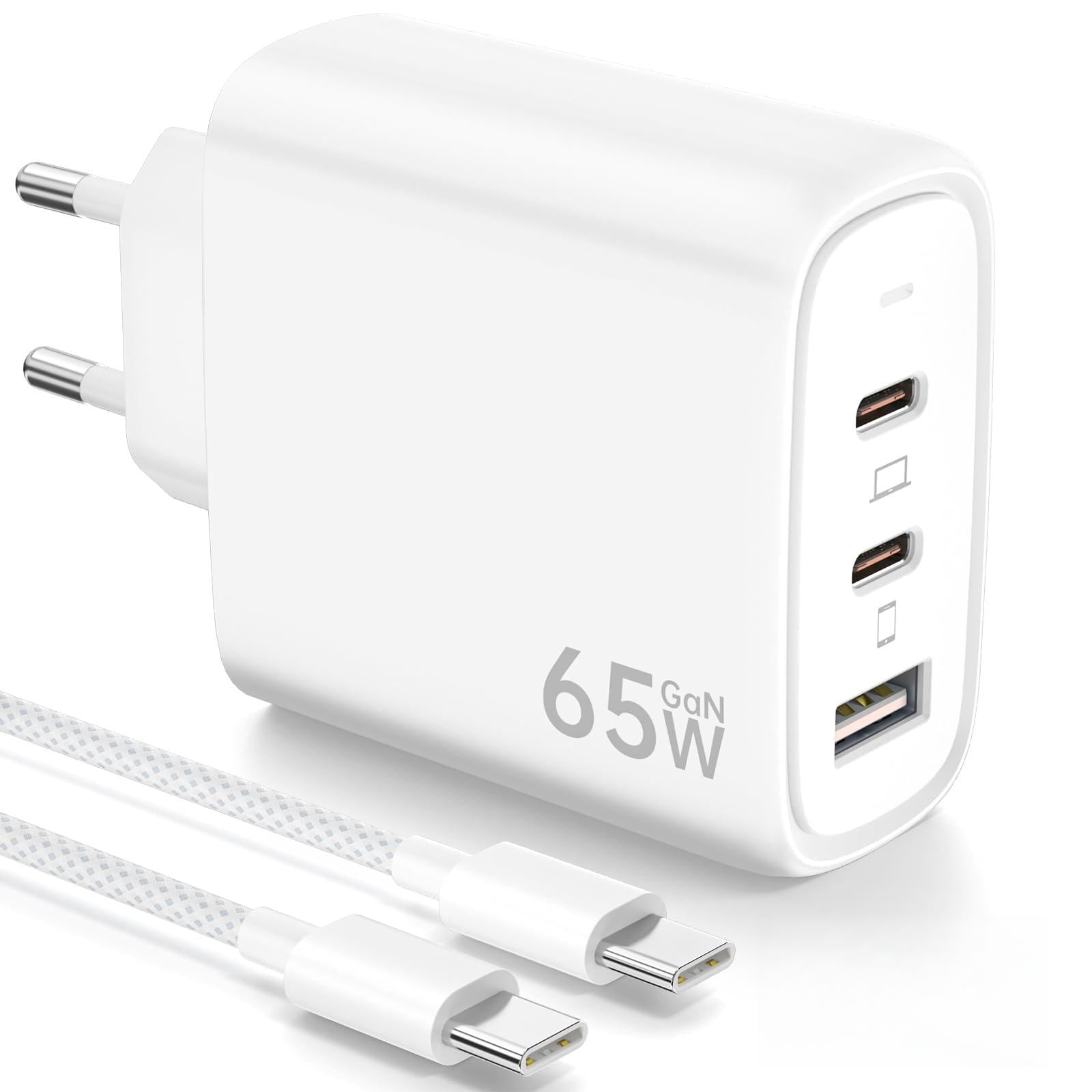 65W Ladegerät USB C Netzteil PPS Schnellladegerät 3-Port GaN PD Ladegerät, USB A und Typ C Charger mit 2M Typ C Kabel für iPhone 16/15, für Galaxy S24/23/S22, für MacBook Pro/Air, etc