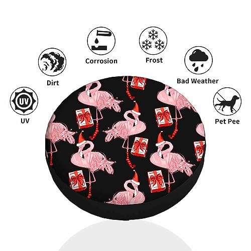 Image of New Year Flamingo Spare Tire Cover Christmas Tropical Pattern with Present and Santa Hat Weatherproof Universal Wheel Protectors Camper Tire Covers for Trailer Rv Travel(17 inch)