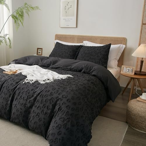 Image of Tufted Black Leopard Duvet Cover Queen Size,2 Pillow Shams, No Comforter | Button Closure,4 Corner Ties, All Seasons, Lightweight, Extra Soft, Leopard Print Textured, Queen Duvet Cover Set 90x90 in