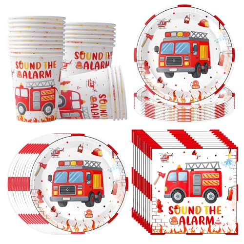 Camion de Pompiers Vaisselle de Fête pour 20 Invités, 60 Pièces Service de Table pour Fête D'anniversaire, Comprend Vaisselle, Serviettes en Papier et...