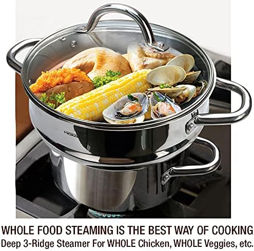 HOMI CHEF 5QT LARGE 4.5" DEEP 3-RIDGE Universal Steamer Insert Cookware (Nickel Free Stainless Steel, 3 Ridges for 8"/ 9"/ 9.5" Pot) - Steamer Inserts for Pots
