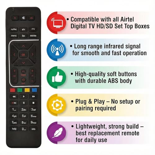 Image of Airtel DTH Remote Original Compatible (Come with 2 AAA Batteries), Black