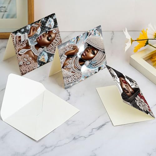 Image of 6 Pcs 5D Rhinestone Painting Greeting Cards Kits, Handmade Festival Greeting Cards with Envelopes Laser Effect DIY Diamond Art Crafts Birthday Cards for Birthdays Celebrations (Elegant African)