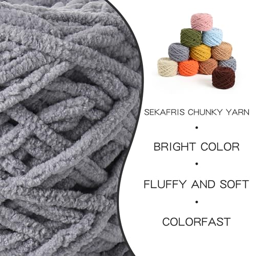 Image of 3 Pack Fluffy Chenille Chunky Yarn for Crocheting 100g(65.6yd) - Baby Yarn for Crocheting Soft - Velvet Yarns for Crochet Blanket - Amigurumi Crochet Yarns(Grayish