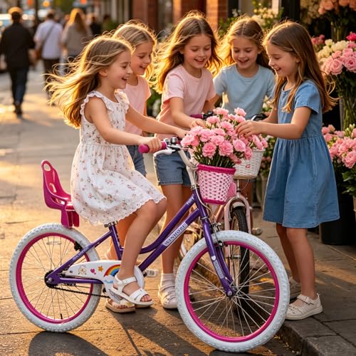 Image of WinHope Girls Bike with Doll Seat, 12 14 16 18 20 Inch Kids Bike for 2-12 | Dual Brake with Training Wheels / Kickstand & Streamers Birthday Gift for Toddler Outdoor Riding, Multiple Colors