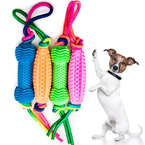 Petopedia 4x Dog Chew Toy with Rope, Puppy Toys from 8 weeks, Small and Medium Dogs, Flexible Bone & Corn, Interactive