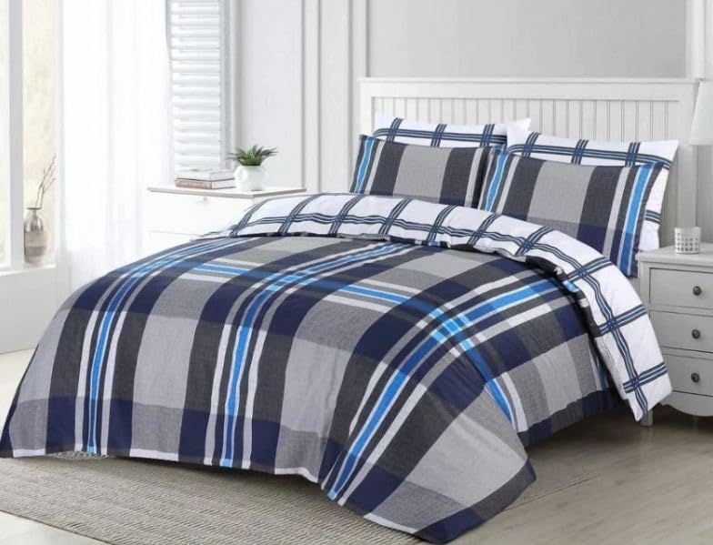 Super King Duvet Cover Set - Super Soft Brushed Microfibre Hotel Quality Gift Bedding, Lightweight, Grey Quilt Covers Double King Superking Size Reversible Bed Sets (Blue Check, Super King)