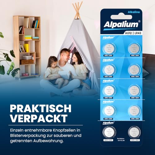 AG12 LR43 Knopfzelle Batterien 10er Pack - Alkaline, 1.5V Alpalium für Armbanduhren, Taschenrechner, Messgeräte und Thermometer LR1142 – Ansicht 3