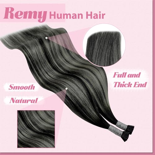 Image of YoungSee I Tip Extensions 24 Inch, I Tips Hair Extensions Real Human Hair, Black Balayage Silver, Itip Hair Extension, 50 Strands 50g, for Women, Long Hair
