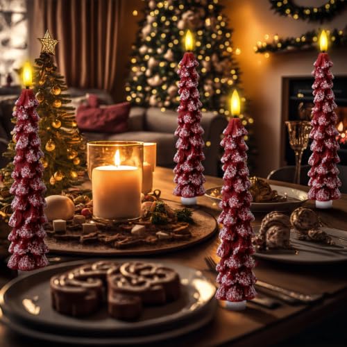 Image of Funtery 12 Pcs Flameless Christmas Tree LED Candles, Red, Snowfall | 9.7 Inch LED Taper Christmas Candles Battery Operated,Flameless Flickering, for Xams Holiday Party Room House Home Decor
