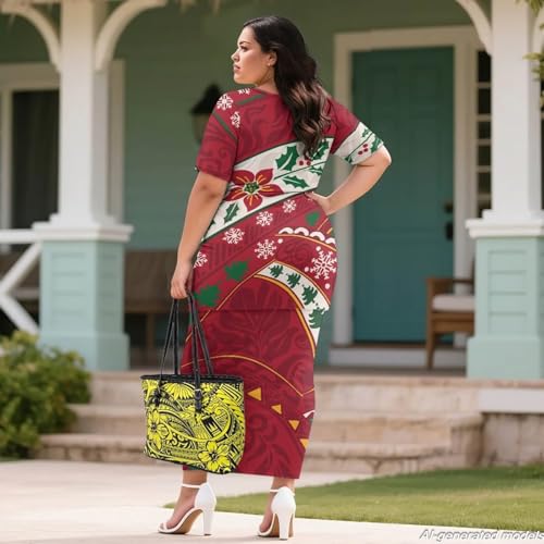 Image of Polynesian Dress for Women Short Sleeve High Waist Maxi Skirt | Puletasi dress, t-shirt and skirt two-piece, elastic material, lightweight, soft, plus size, luau party, wedding, clubwear