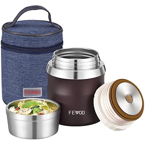 FEWOO Food Jar,500ml Vacuum Insulated Stainless Steel Lunch Box, Leak Proof Soup Containers with bag for Hot or Cold Food (Brown 500ml) Cover