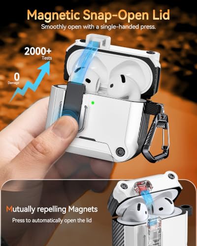 Image of Dual Safety Lock for AirPods 4 Case 2024, Compatible with MagSafe - Designed with Automatic Switch and Phone Stand, Includes a Cleaner & Keychain - Rugged Tough Hard Shell for Apple AirPods 4, White
