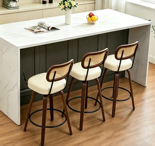 Image of YaFiti Counter Height Bar Stools Set of 3, 26 inch Rattan Counter Height Stools with Upholstered Seat, Walnut Craftsmanship, Swivel Counter Stools for Island /Kitchen /Counter /Bar (Pearl White)