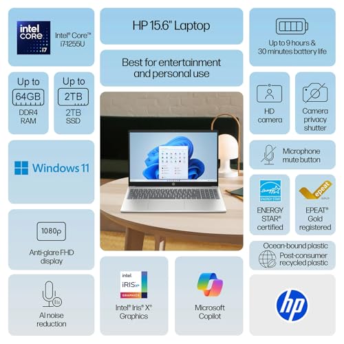 Image of HP New 2026 Edition Core i7 15.6 inch Laptop | Intel High-Performance Core i7-1255U up to 4.7GHz | 24GB RAM - 512GB PCIe SSD | Webcam | FHD | Long Battery Life | Windows 11 | Business & Academic