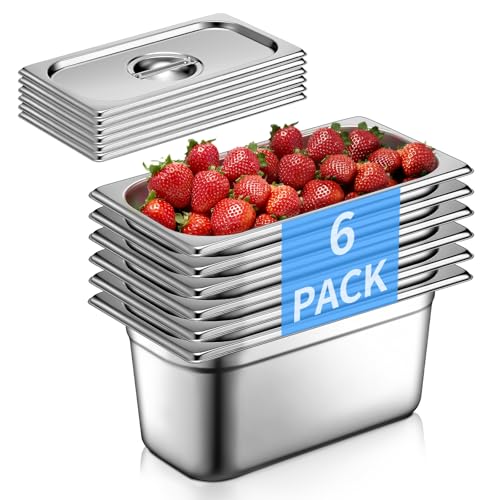 FOHERE GN 1/3 Gastronormbehälter Edelstahl mit Deckel 6 Stück Behälter 33 x 18 x 15 cm Speisebehälter Kommerzieller Warmhaltebehälter für Speisen Torten Hotelpfanne Tisch Food Pan