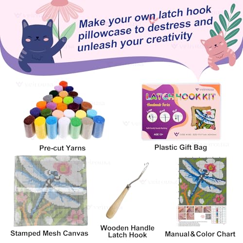 Image of veirousa Latch Hook Kits for Adults, DIY Dragonfly Pillow & Rug Craft Kit for Beginners, Floral Handmade Yarn Art, Relaxing Home Sofa Decor Gift 17x17 Inch